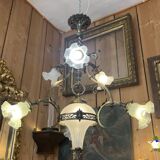 19th century brass and bronze chandelier, Napoleon III, illuminated by 6 tulips and a central globe