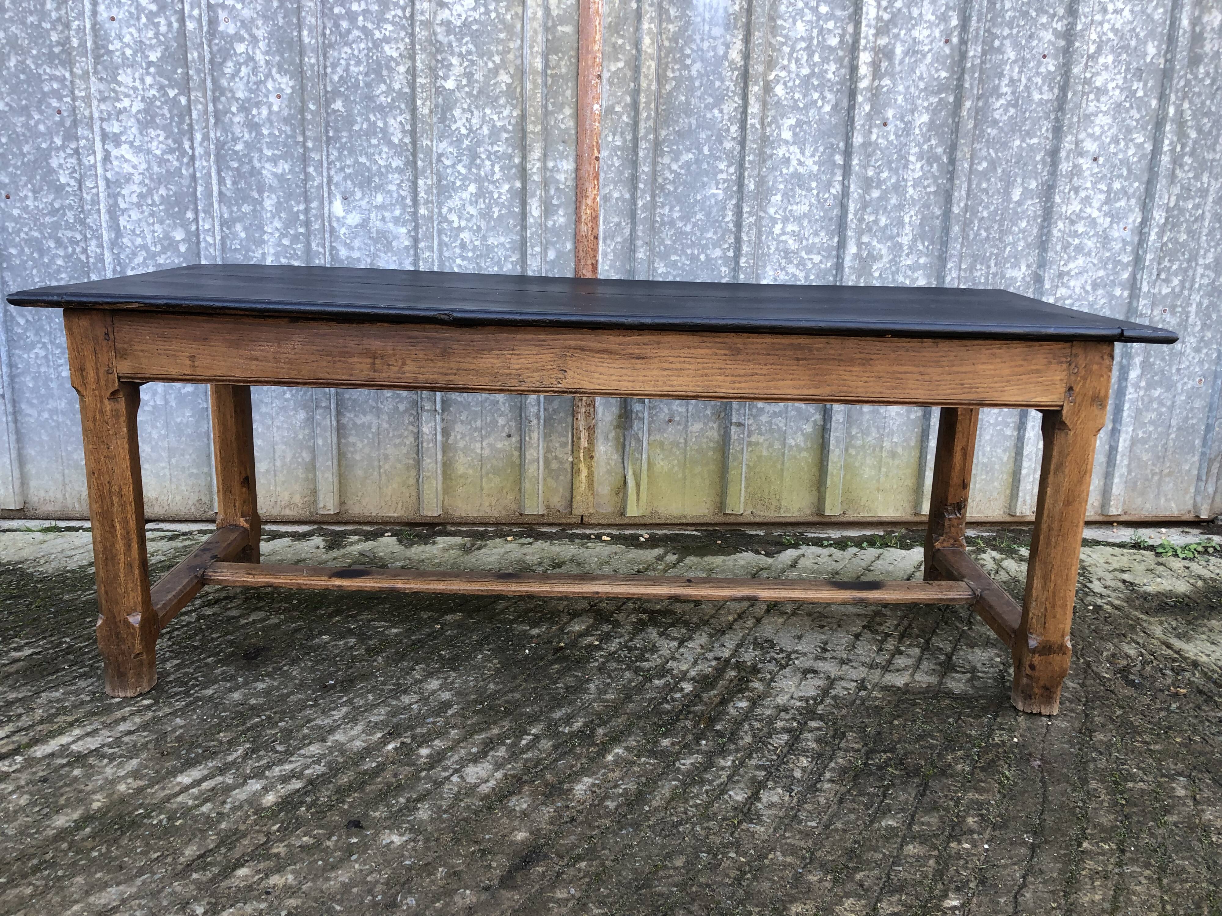 Antique oak farmhouse table with cat bar and 2 end drawers