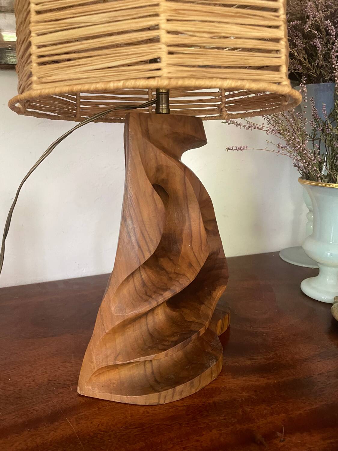 Vintage olive wood carved lamp 59cm