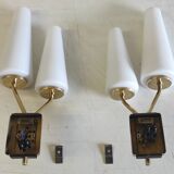 Asymmetrical double light wall sconces in brass, metal, and opaline - 50s