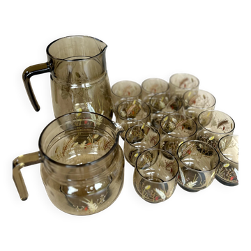 Large vintage orangeade service with smoky glass, country decor from the 70s - 14 pieces.