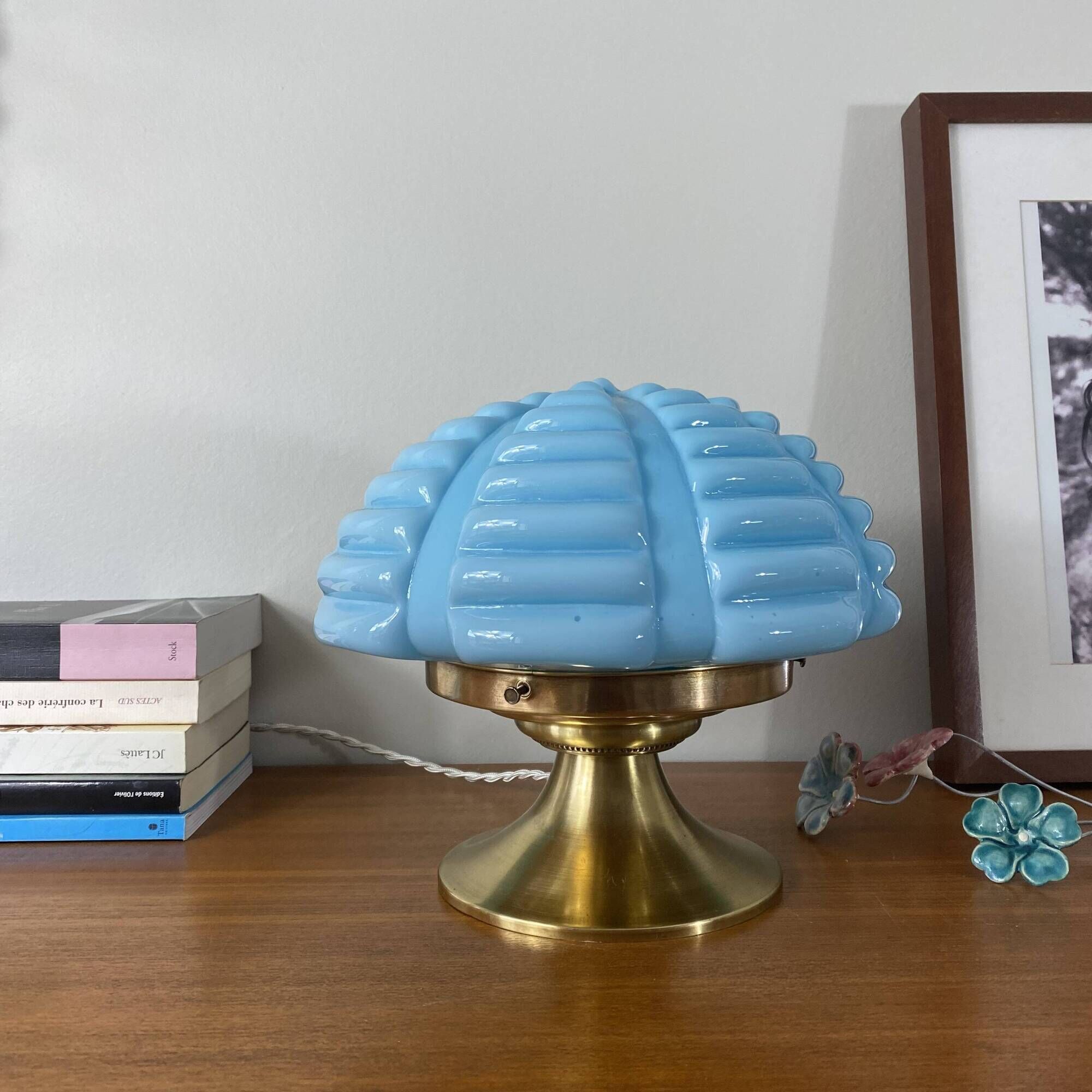 Vintage Art Deco modernist lamp with blue opaline glass and brass.