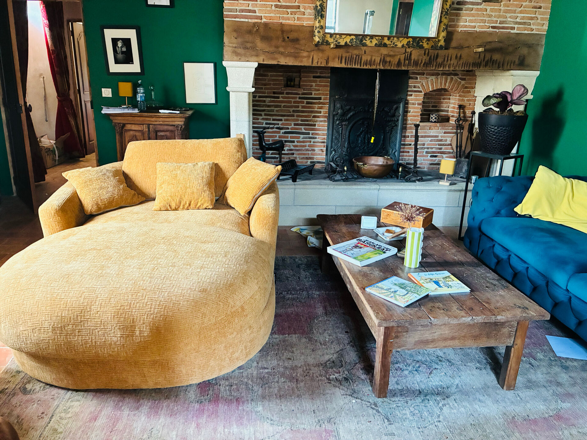 Belem meridian sofa by bobo chic in textured ochre fabric.