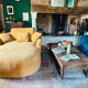 Belem meridian sofa by bobo chic in textured ochre fabric.