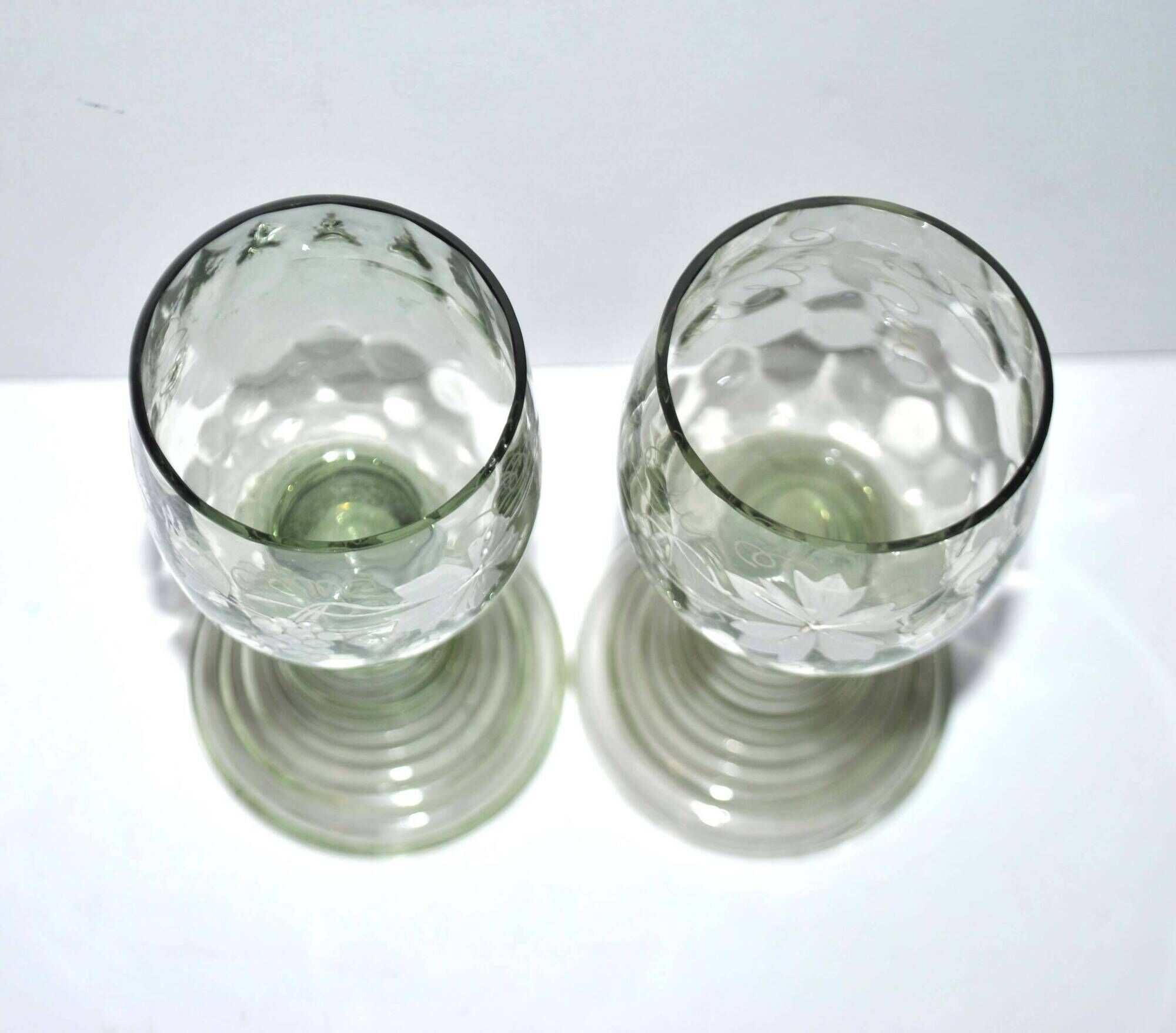 Roemer old rhine wine glass in light green white enamelled blown glass