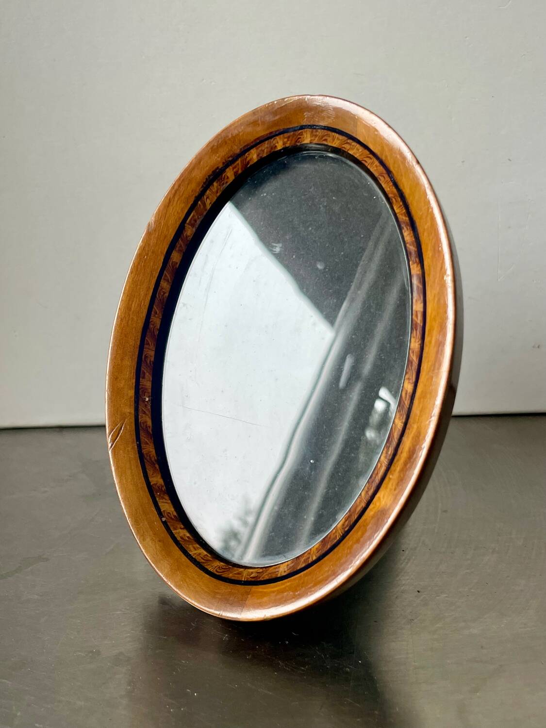 Antique Oval wooden frame with intarsia inlay 15.5 cm x 10 cm