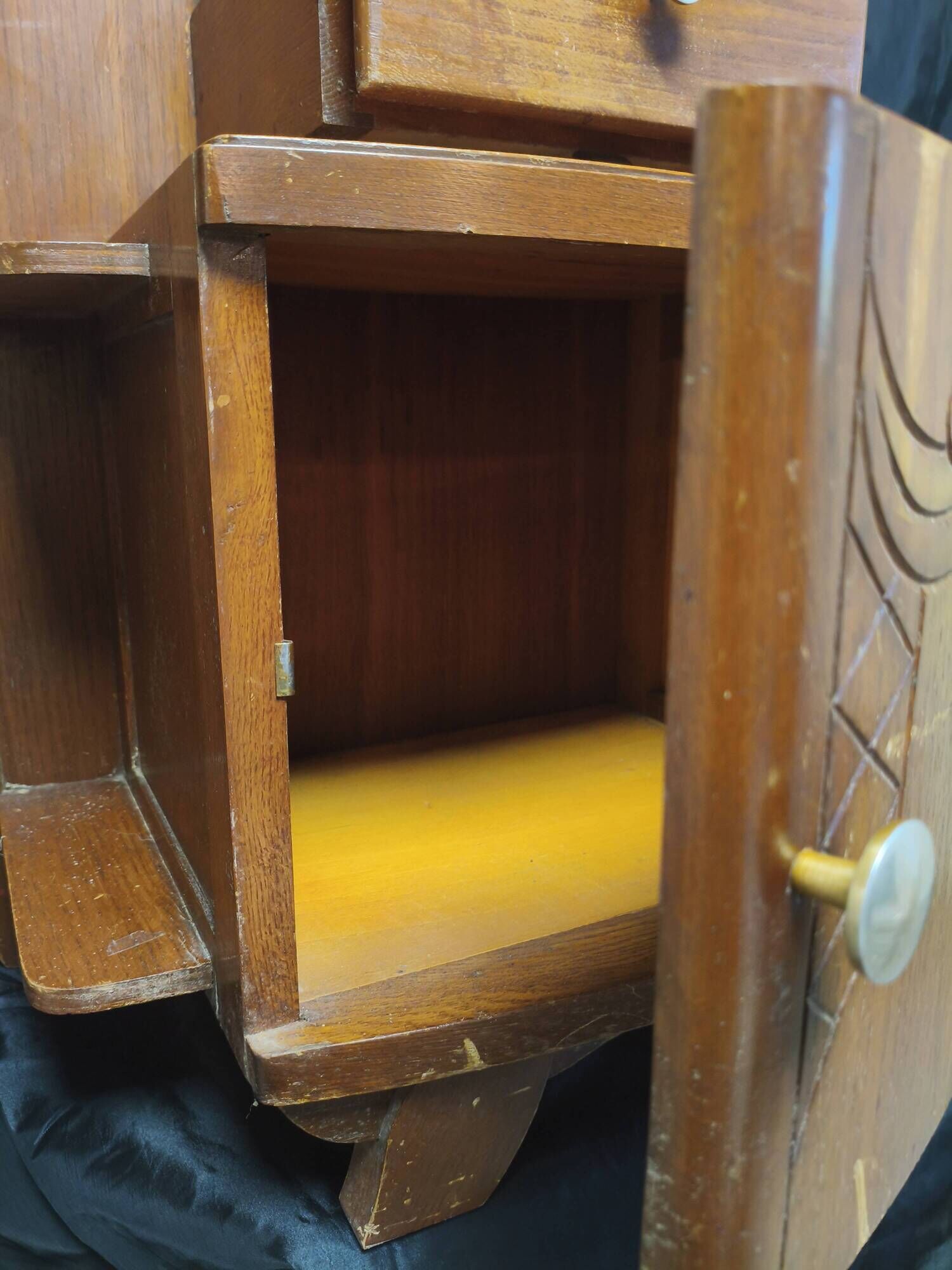Art Deco bedside table from the 1930s, wooden marble vintage nightstand.