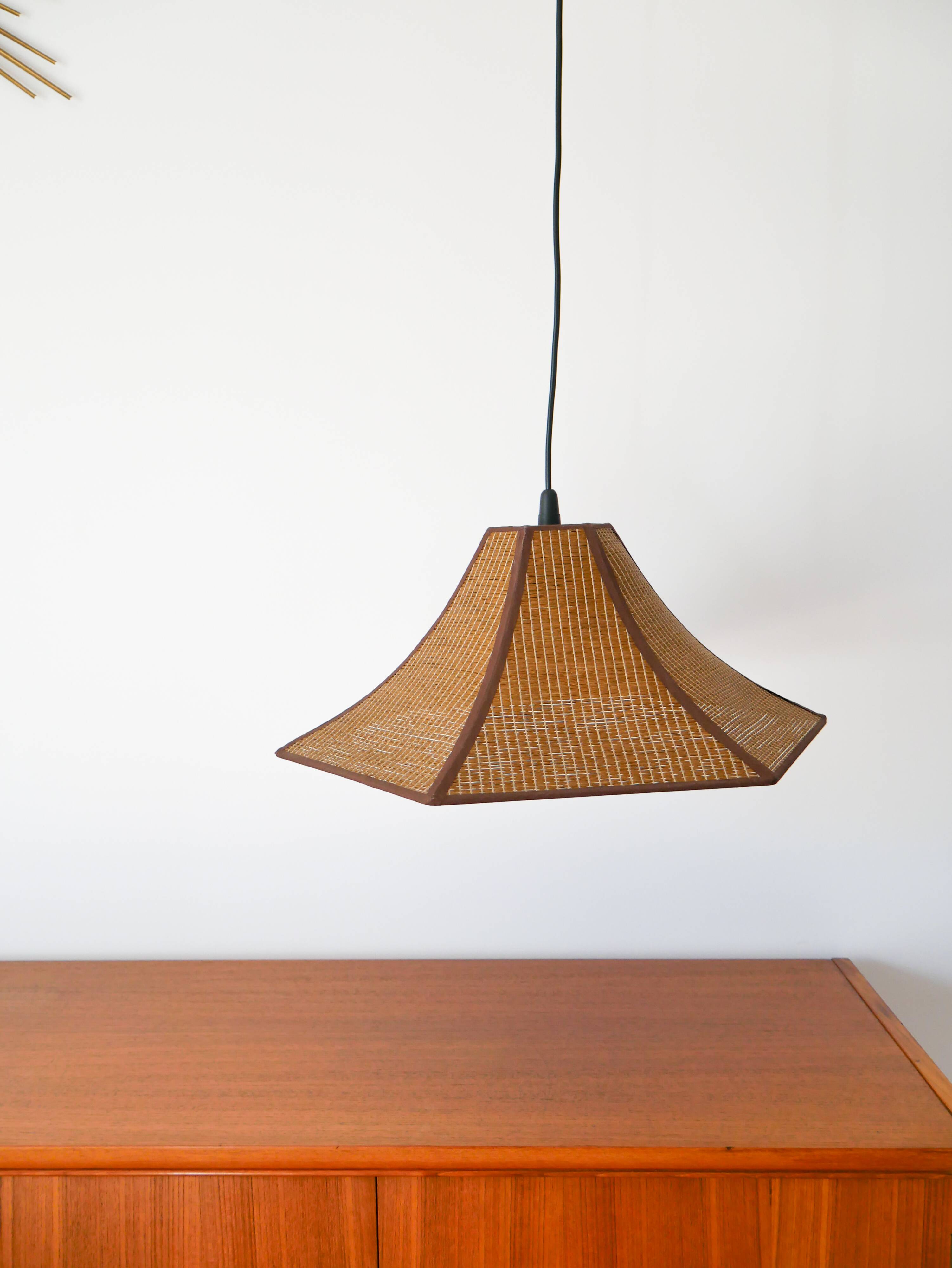 Hexagonal pendant light in brown rattan, 1970