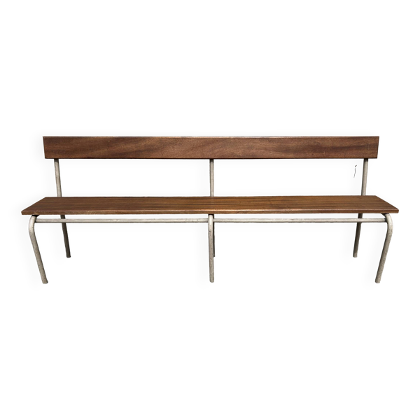 Banc d'internat en métal tubulaire et bois massif, années 50