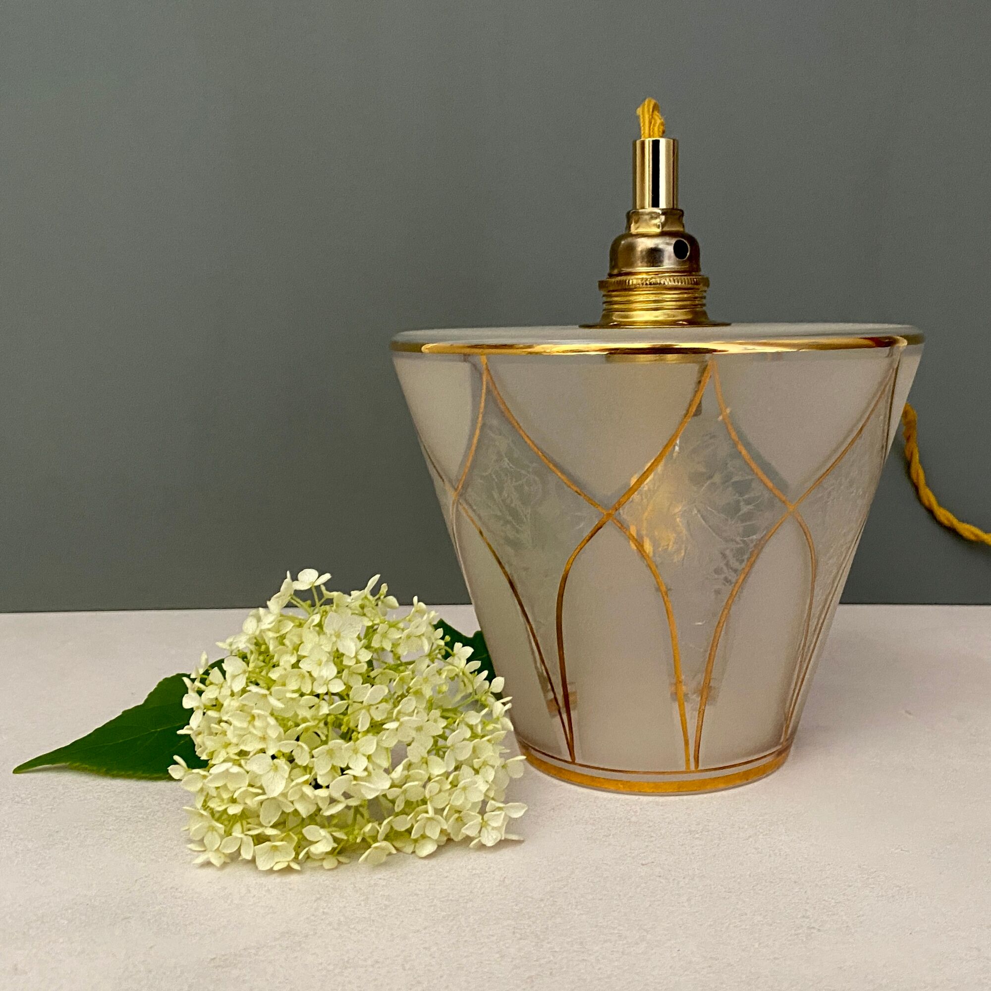 Vintage art deco tulip walker in white and golden frosted glass