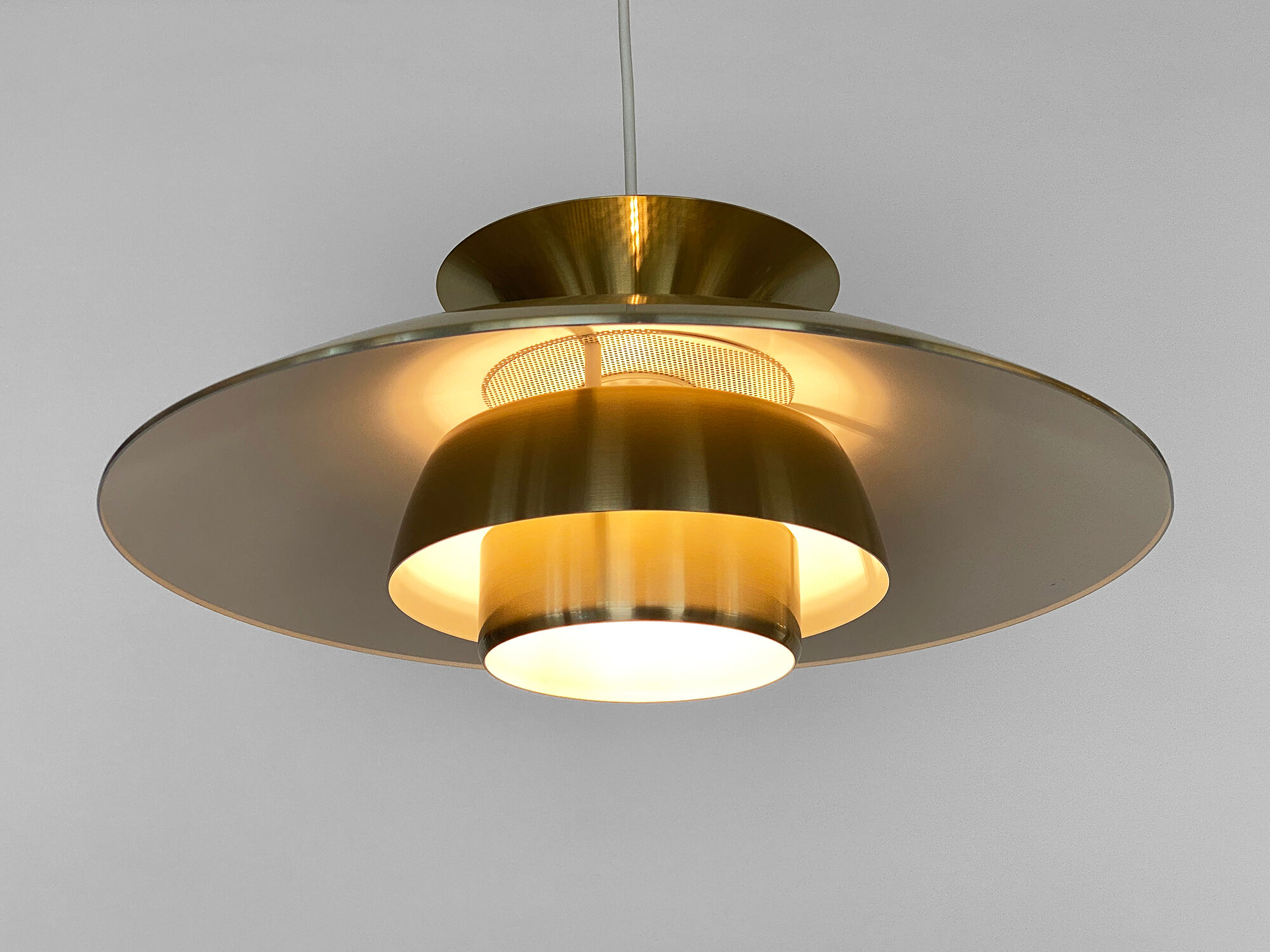 Brushed aluminum pendant light with golden finish, Denmark 1970