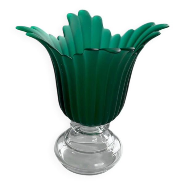 Bougeoir fleur en verre vintage – vert et transparent – grand photophore