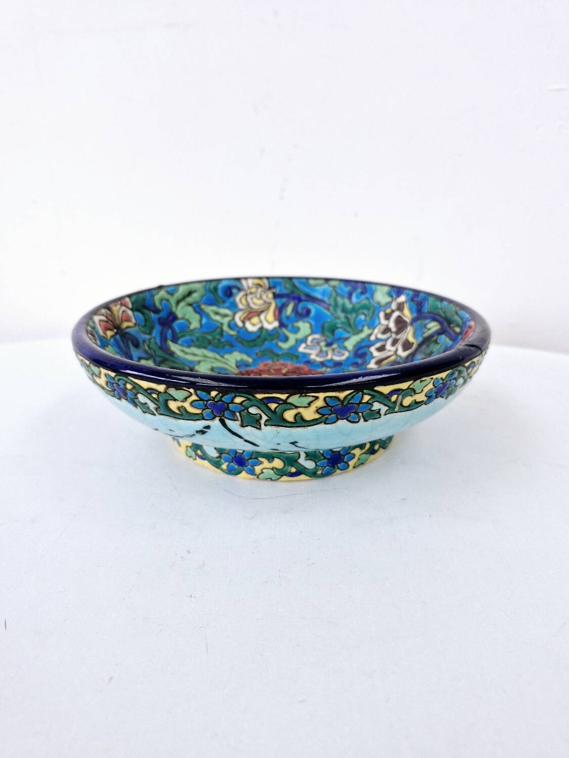 Old bowl on pedestal with raised edges art deco ceramic Longwy