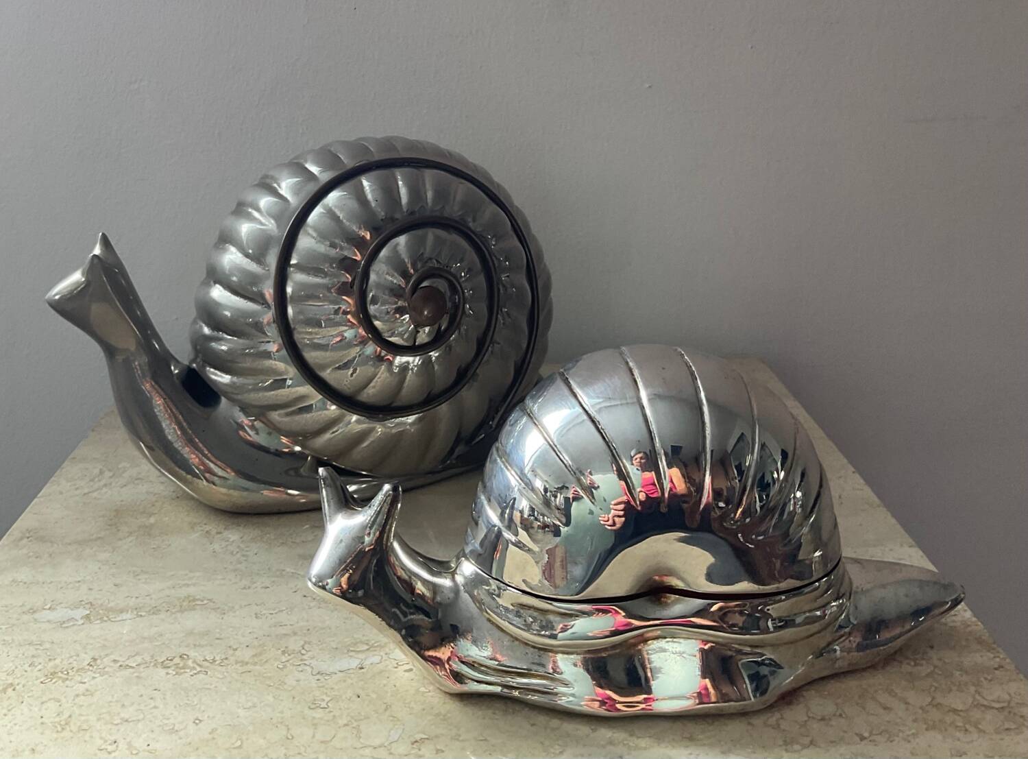 Duo vintage snail jewelry boxes in silver metal