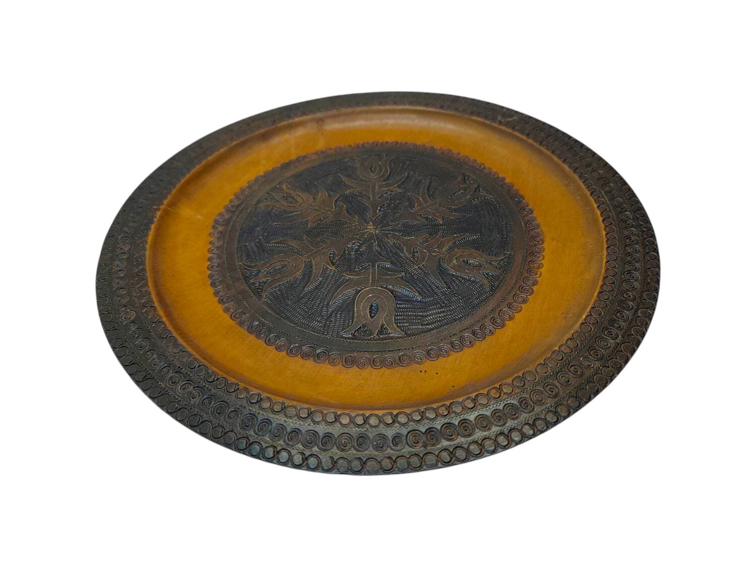 Vintage 1960s Hand-Carved Wooden Plate - Intricate Floral and Spiral