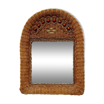 Woven wicker mirror and wooden beads 70s