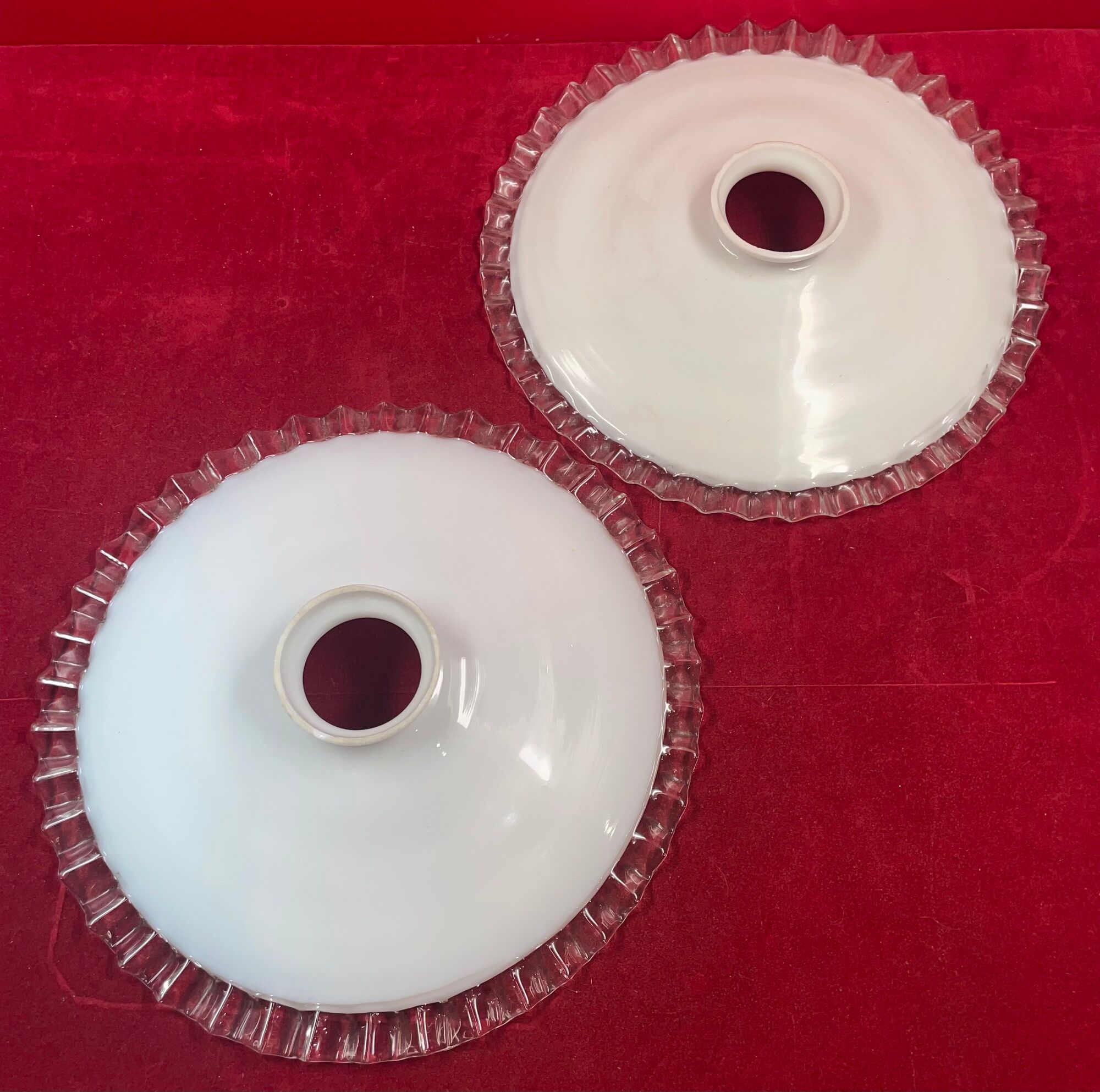 Ceiling lampshade, old opaline glass serrated 25.5 cm set of 2