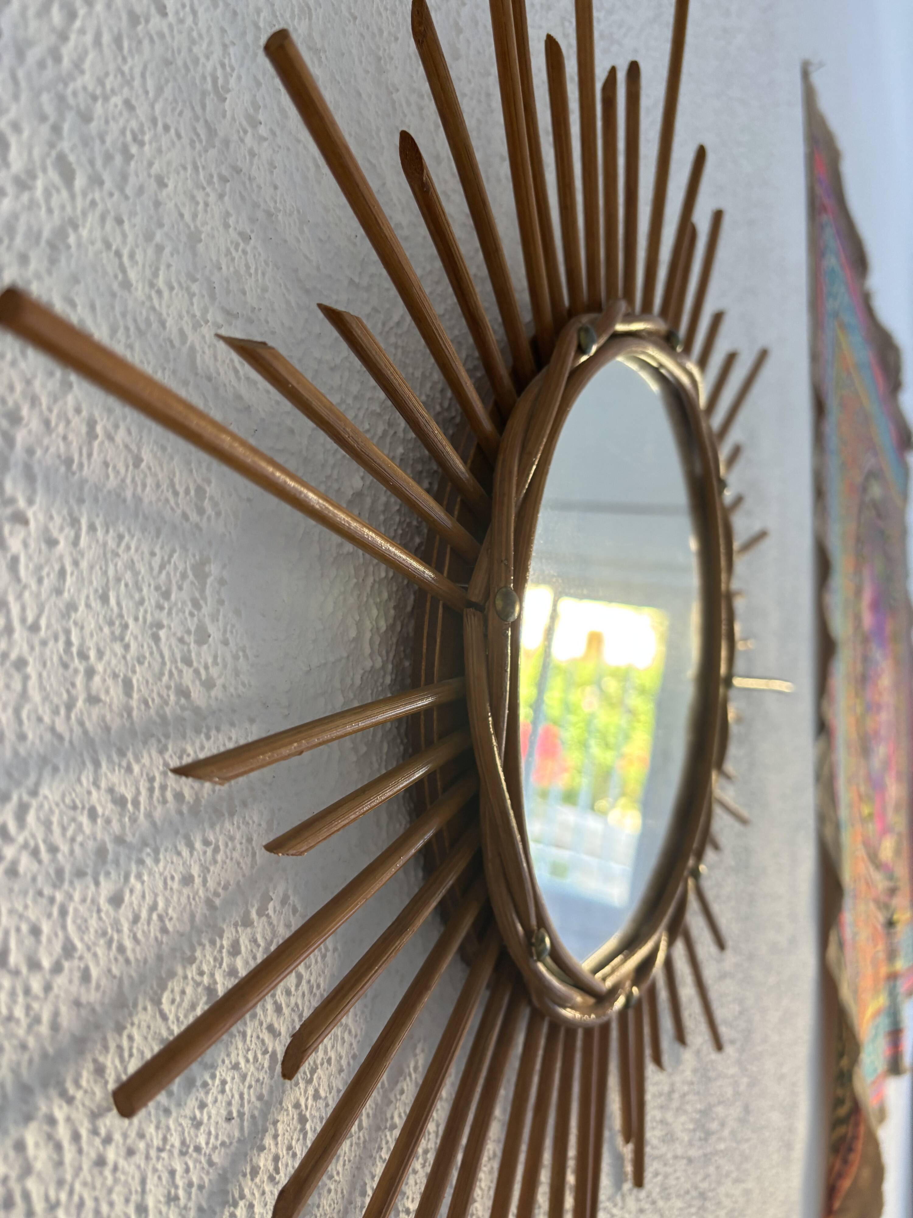 Vintage 1960s sun mirror made of rattan - 55 cm