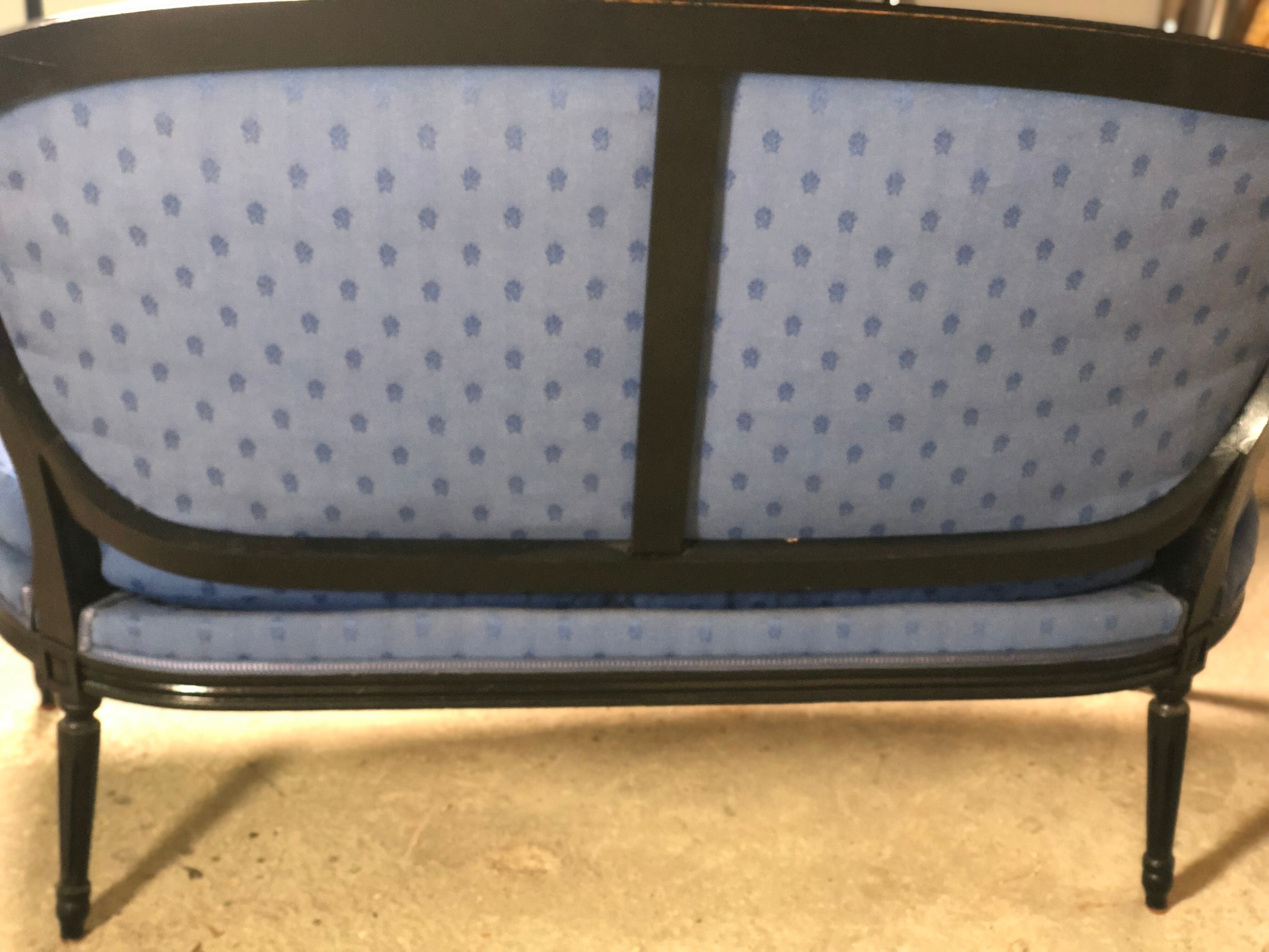 Louis XVI style bench in black wood and blue fabric
