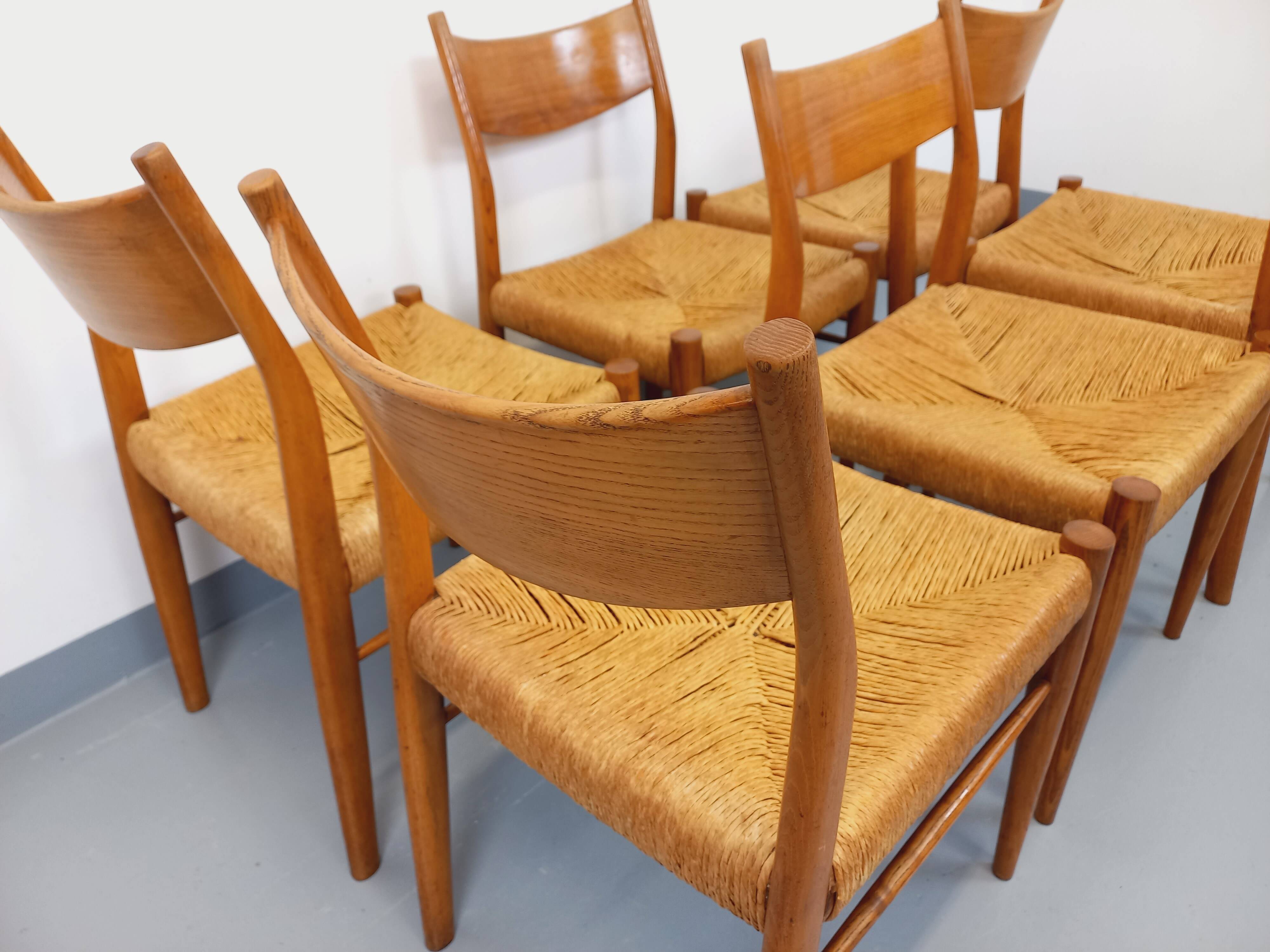Set of 6 vintage teak Danish rope chairs Gessef Consorzio Sedie Friuli
