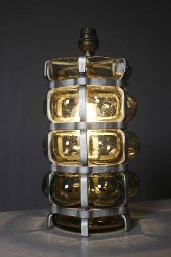 Vintage brutalist lamp with double lighting, blown glass in a cage, 20th-century design.