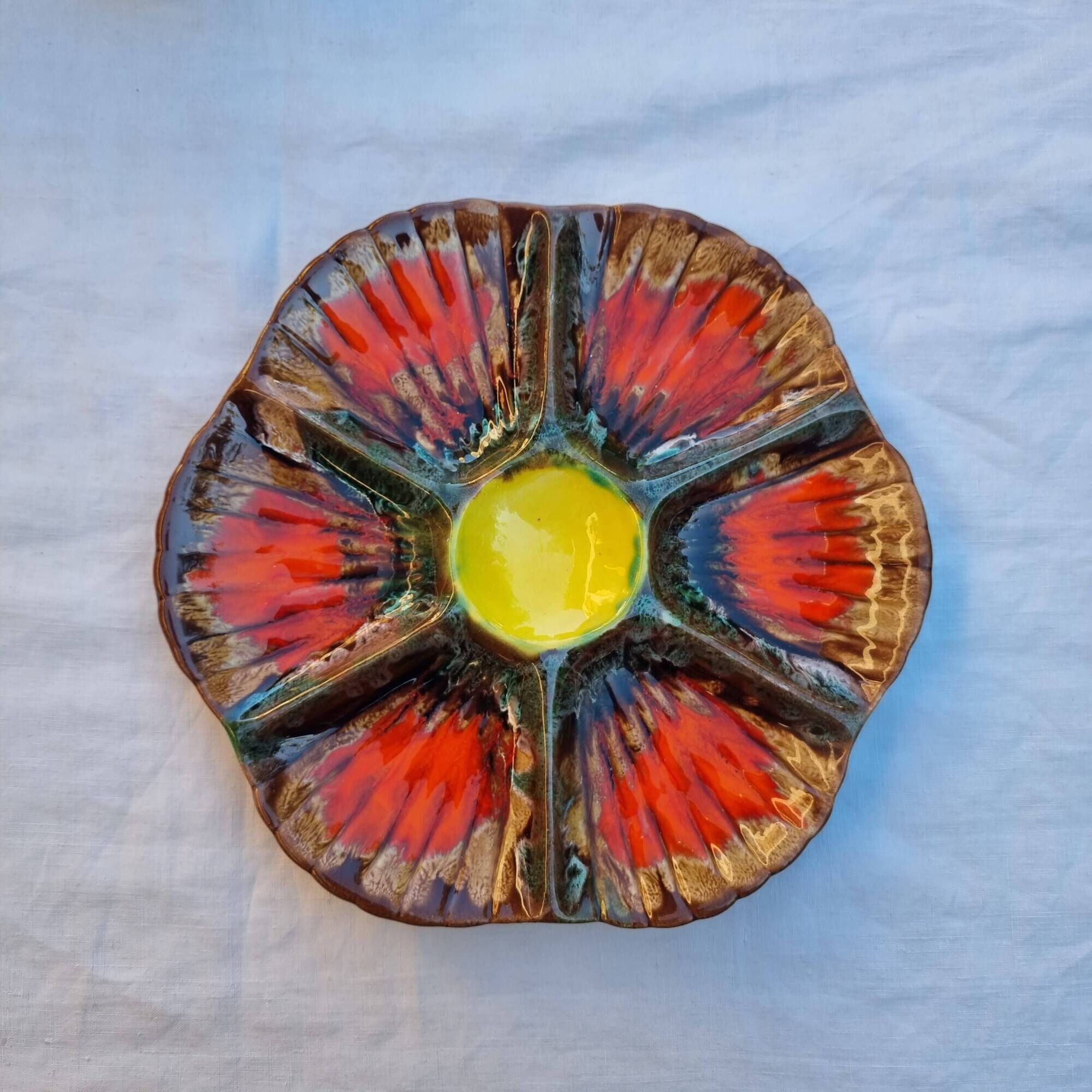 Ceramic oyster dish for 6 Barbotina handcrafted painted and enameled from Vallauris France 1970s