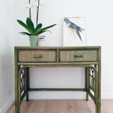 Vintage desk in bamboo and rattan, tinted green