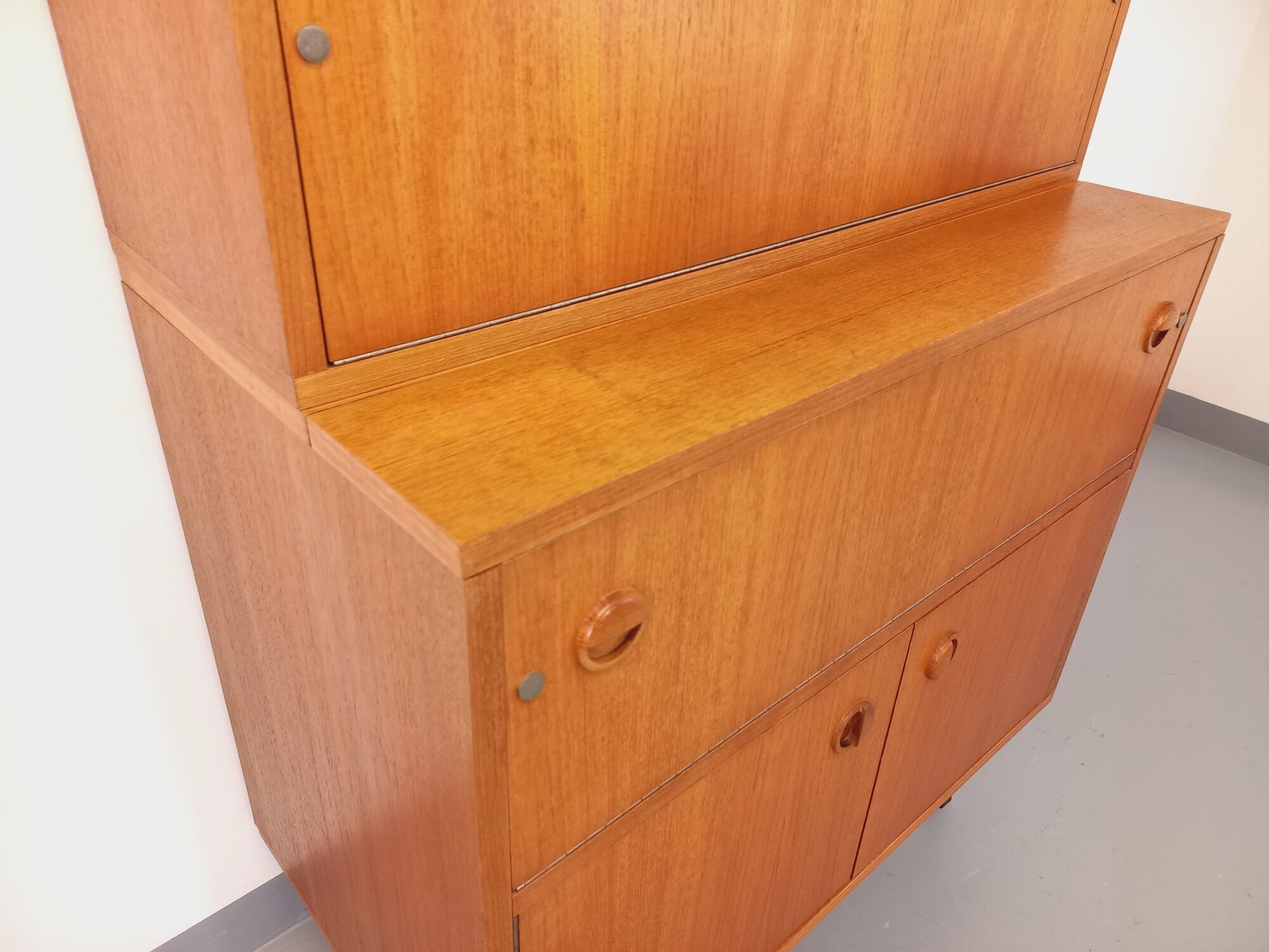 Bookcase cabinet vintage teak and metal storage secretary from the 60s