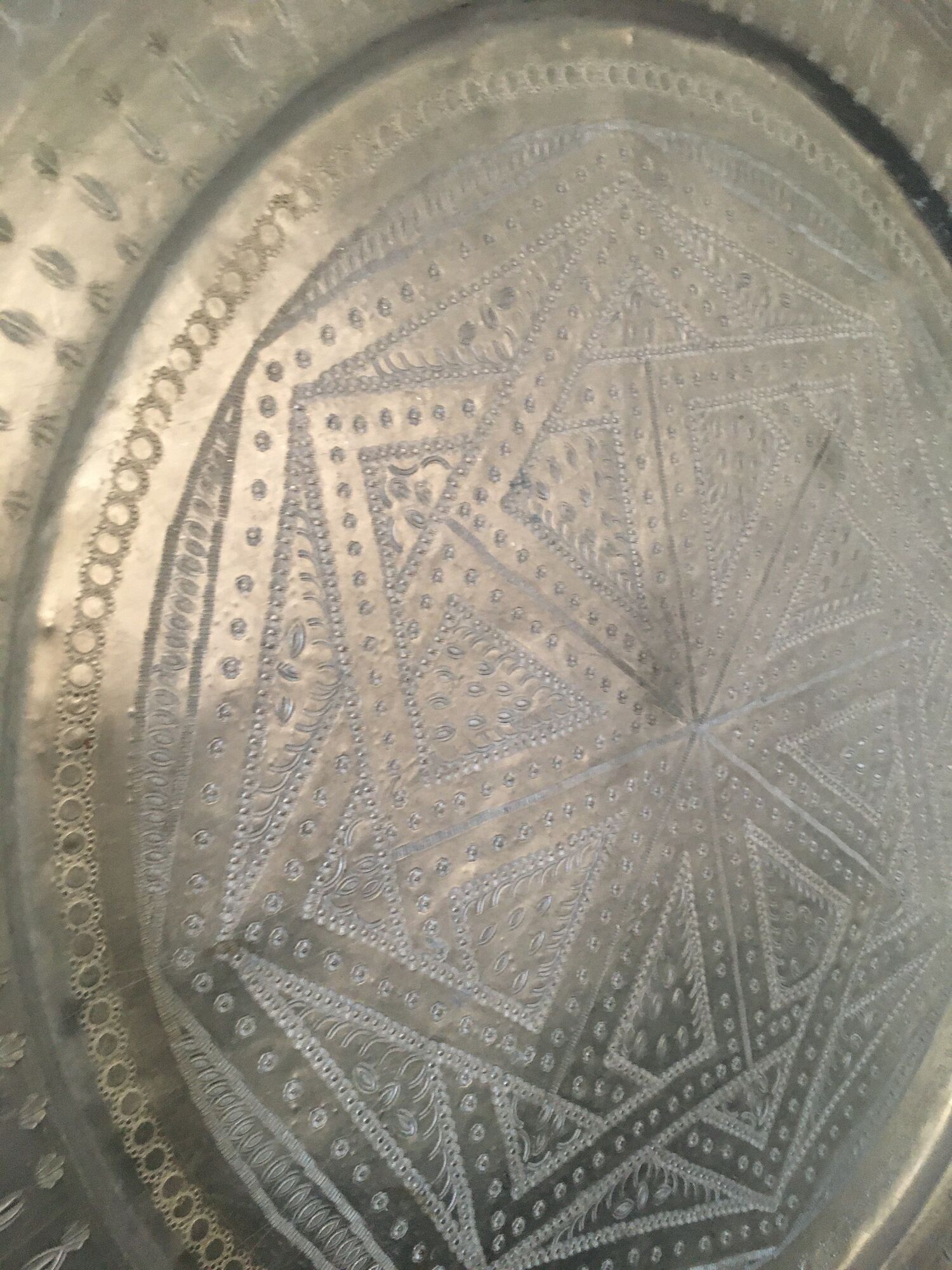 Moroccan aluminum tray on wooden tripod