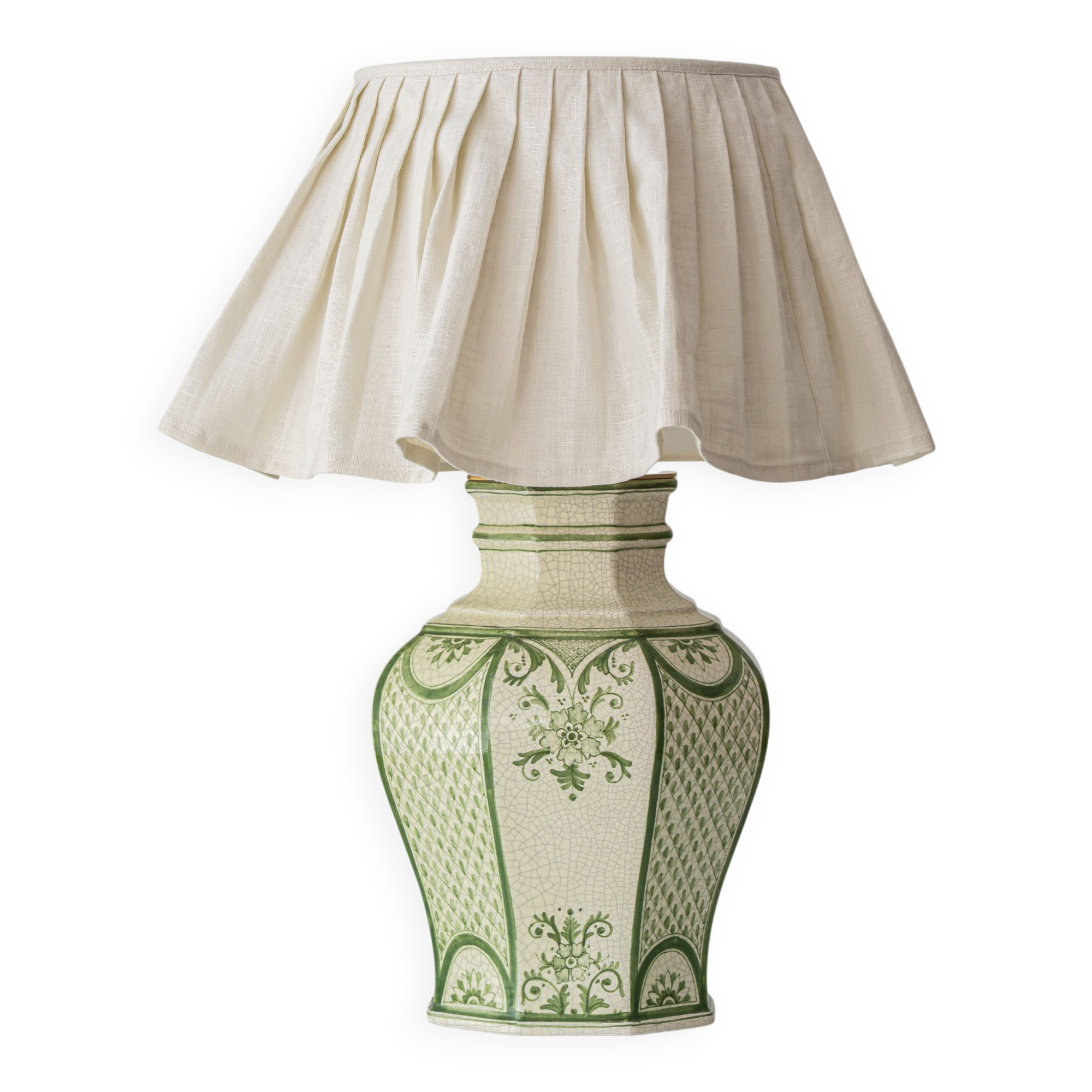 Spanish Revival Table Lamp in Green Ivory Crackle Ceramic, New Linen Shade