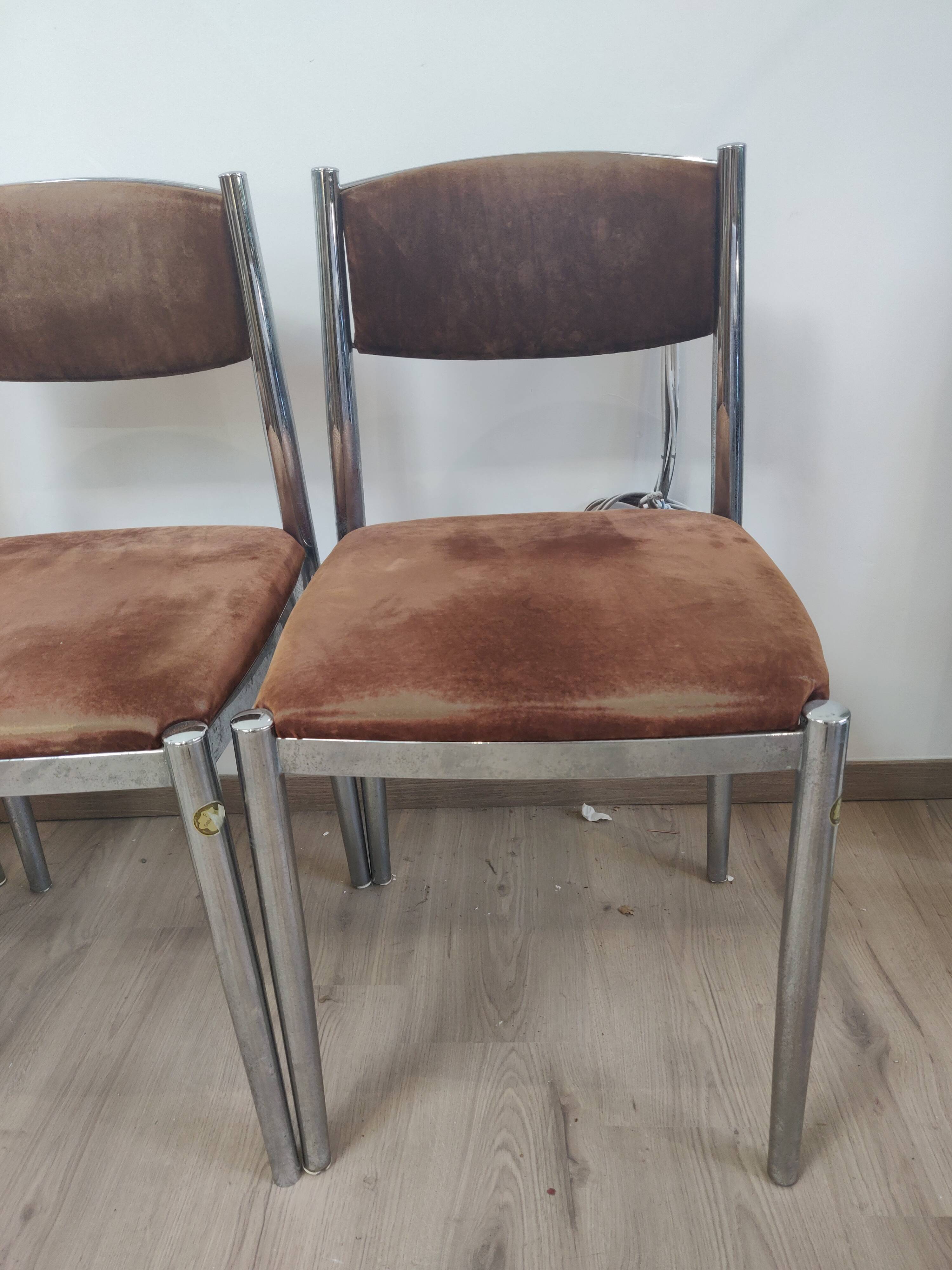 Suite of 4 chairs 70s chrome metal and velvet