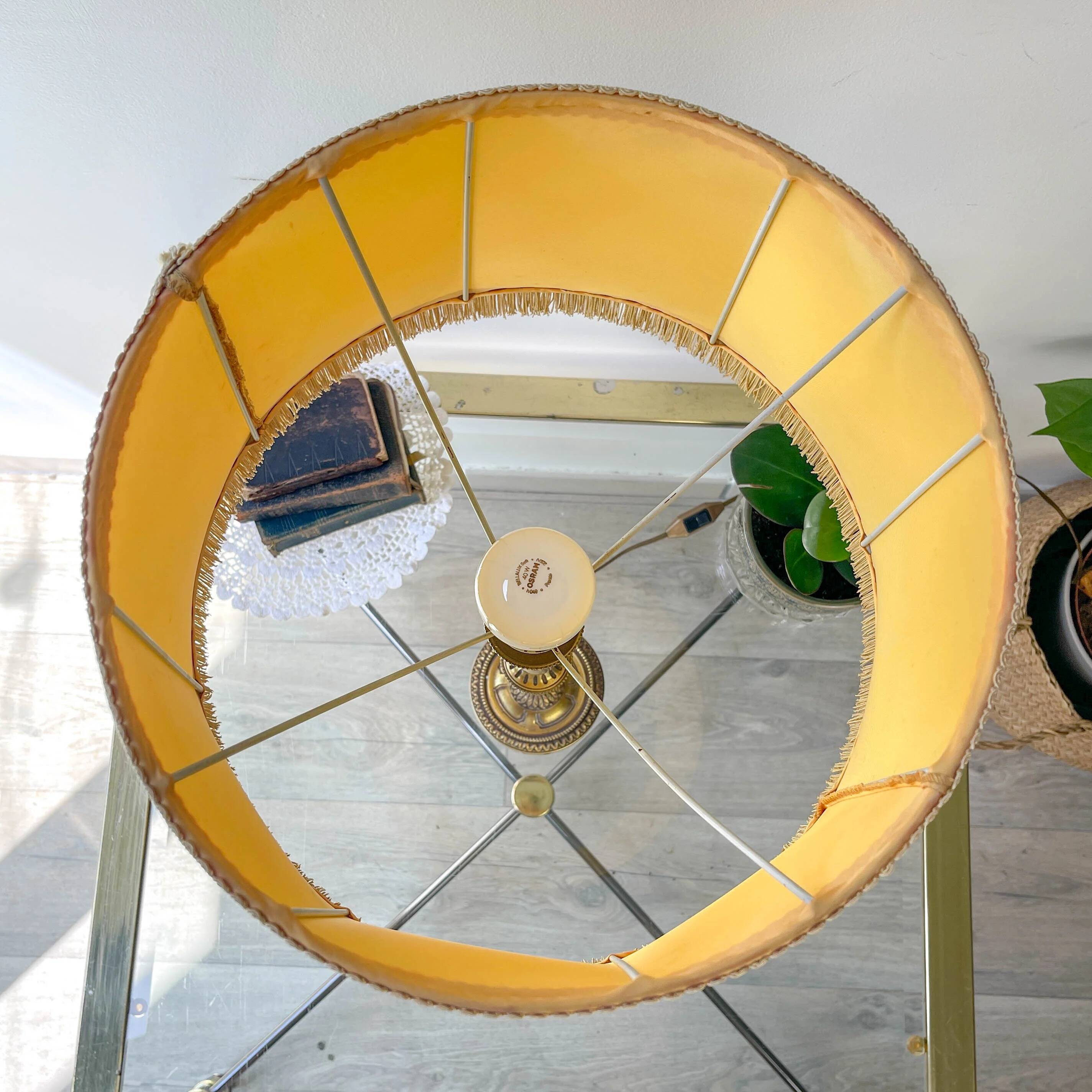 Louis XVI style gilt bronze lamp with yellow fringed shade - elegant vintage antique lamp