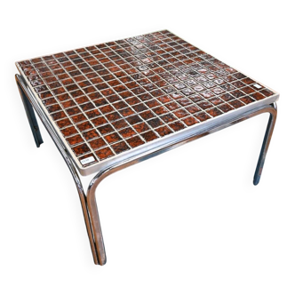Vintage square coffee table with chrome legs and small tiled squares.
