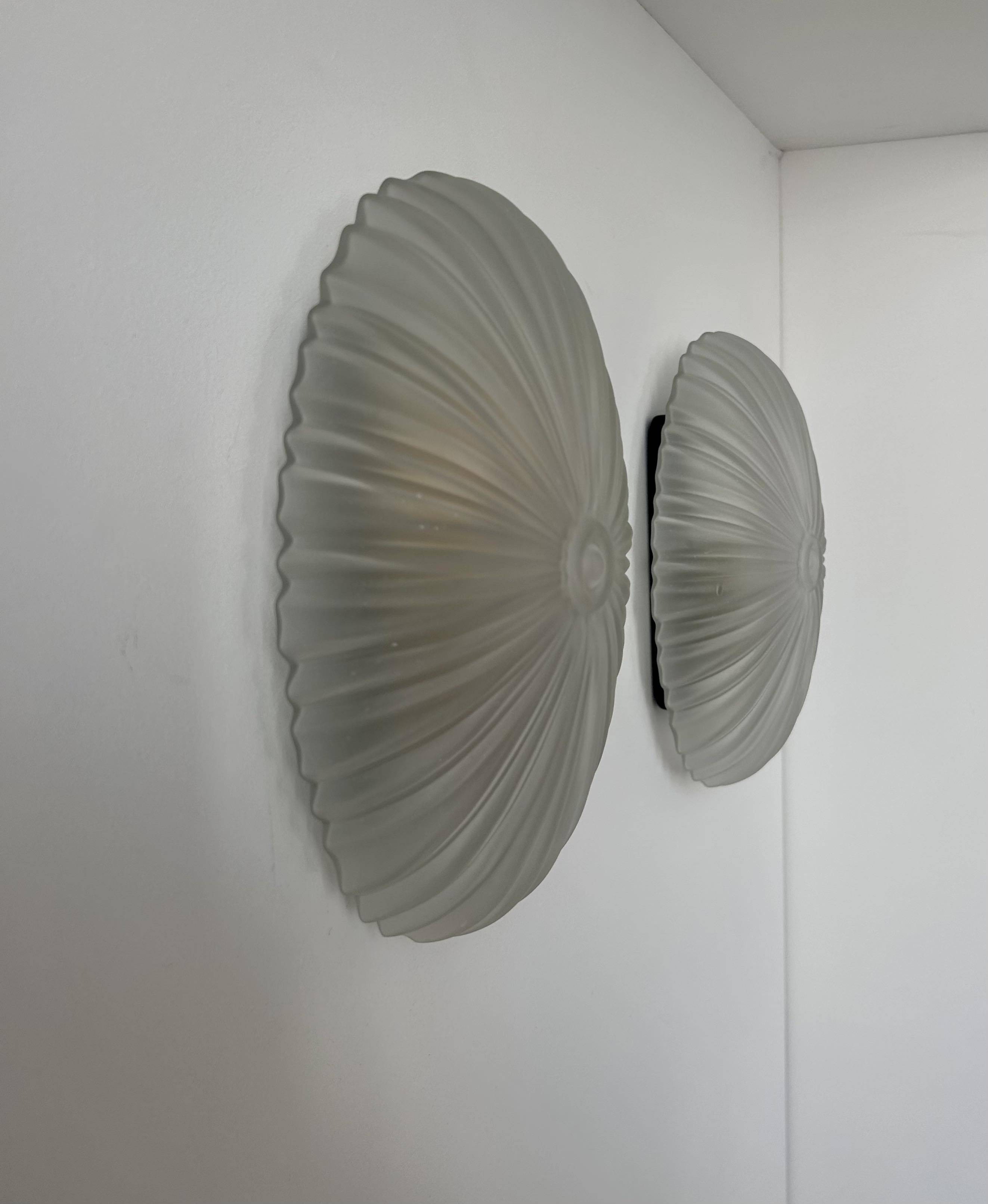 Pair of vintage sandblasted glass wall lights, France 1970s