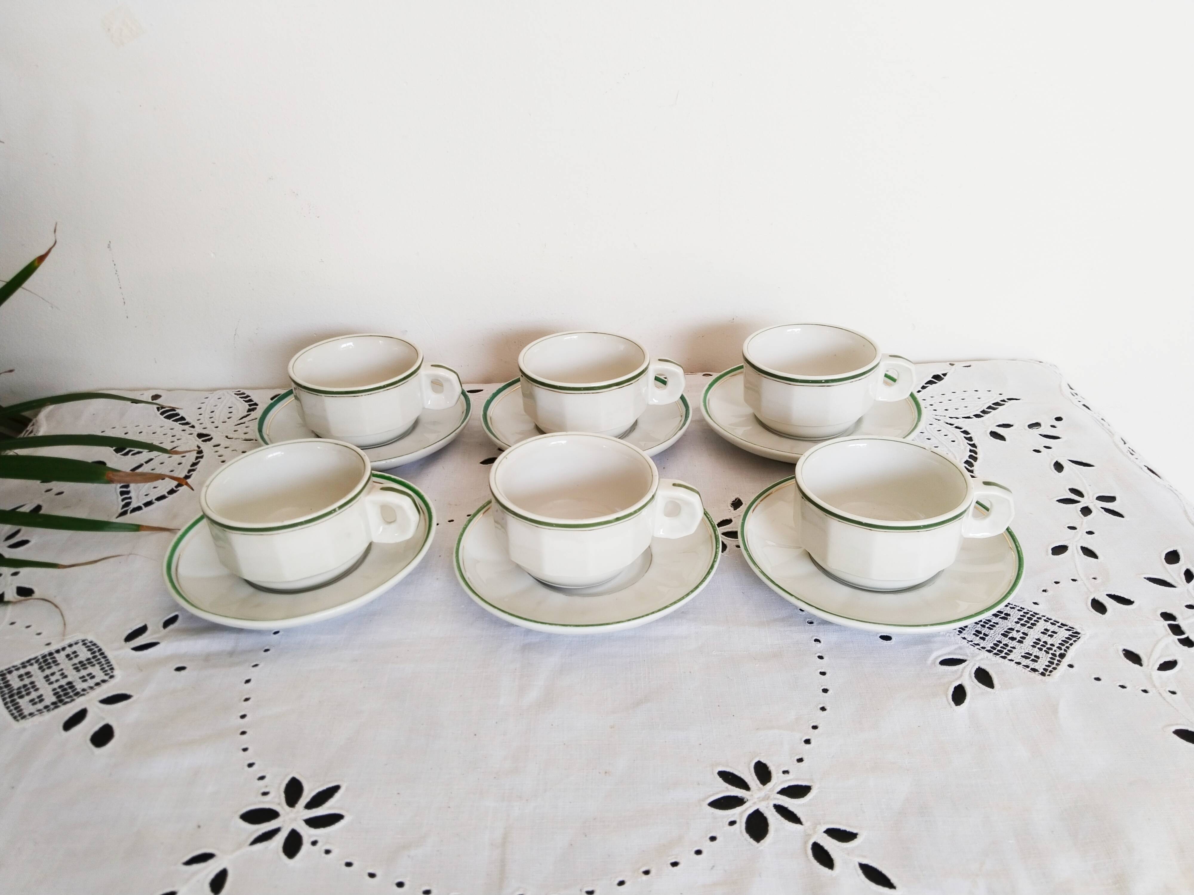 Set of 6 white and green bistro cups, gold rim