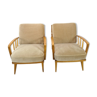 Set vintage fauteuils met houten frame en beige kussens
