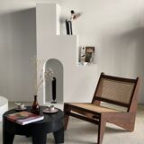 Reclined armchair in canned teak in natural wood