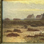 A. Laemmermann, oil painting on cardboard depicting a rocky landscape.