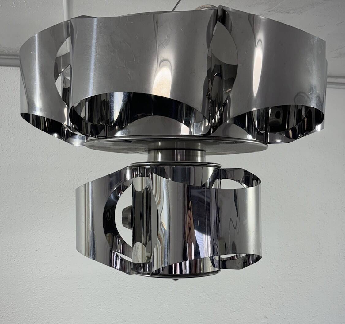 Curved steel chandelier attributed to Max Sauze, 9 lights