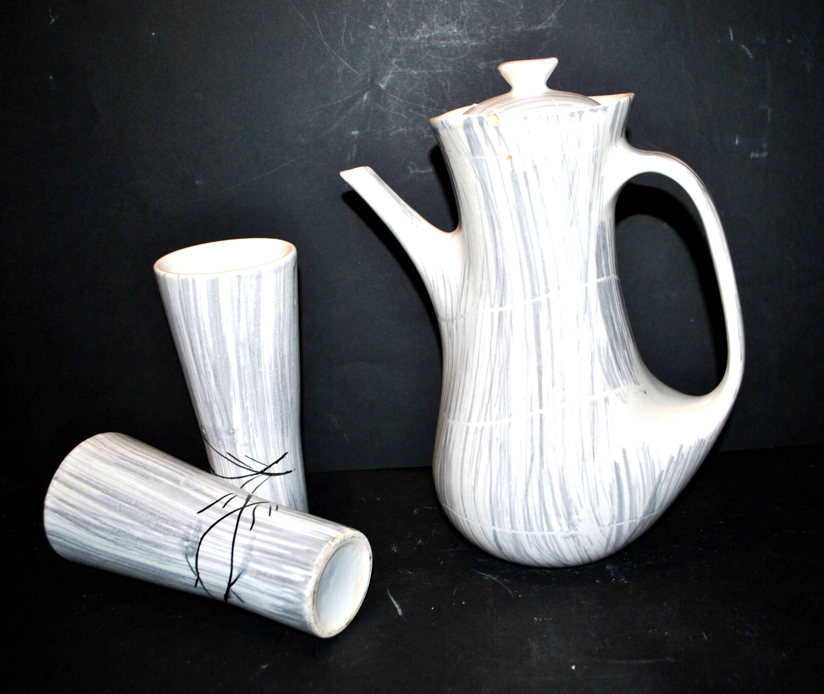 Vintage Niderviller Modernist Ceramic Coffee Pot 1960 with 2 Cups