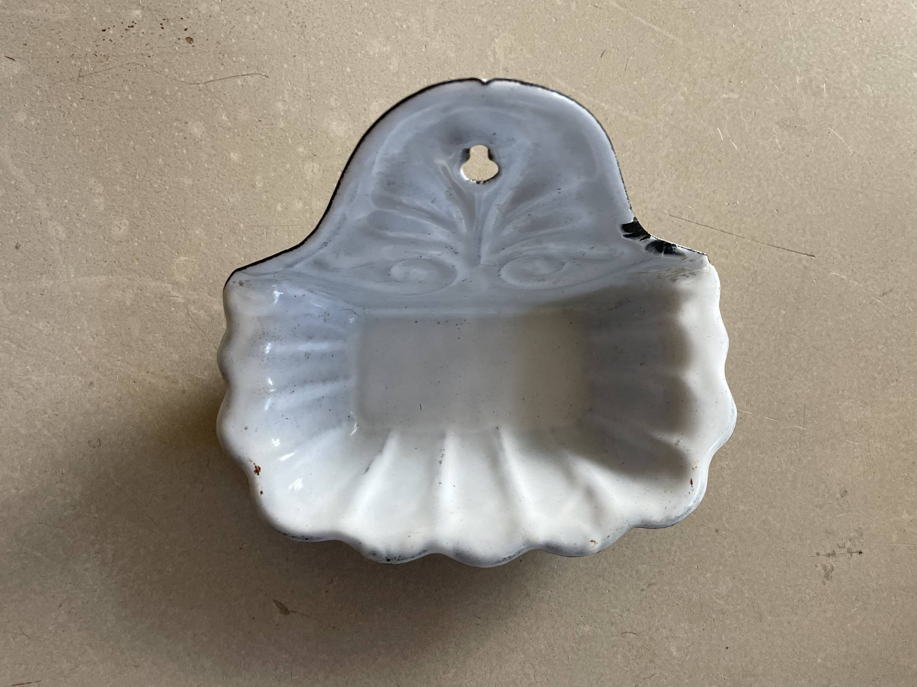 Antique enamelled metal wall mounted soap dish