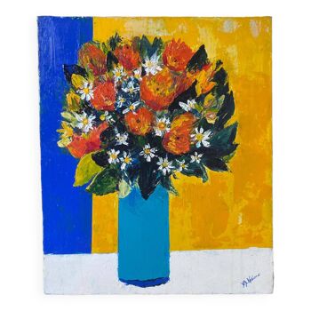 Tableau peinture bouquet de fleurs coloré signé toile moderniste