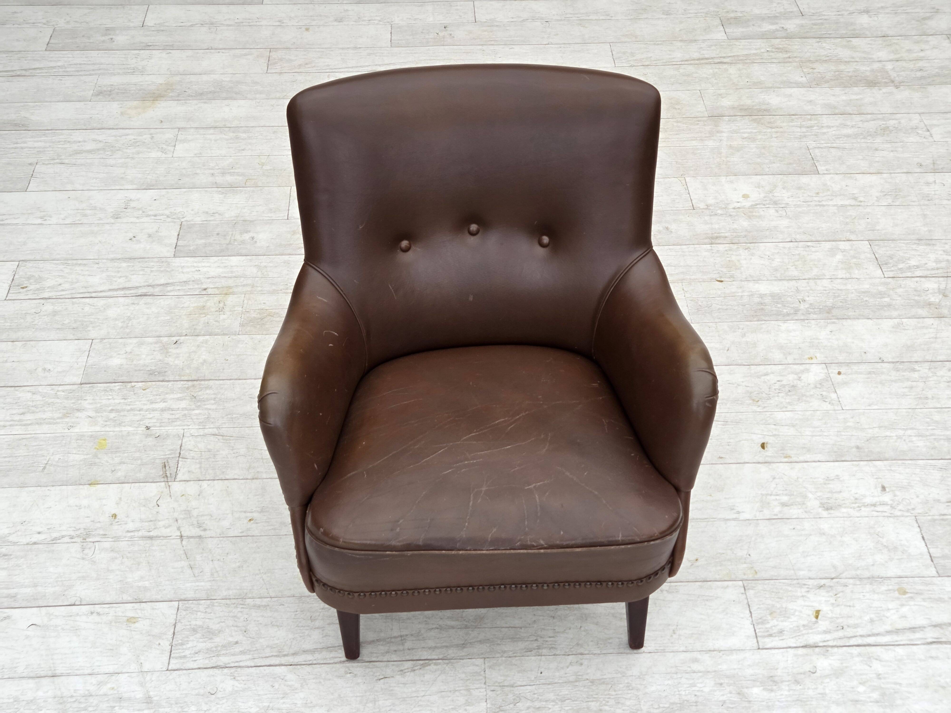 1960s, Danish armchair, furniture leather, ash wood legs.