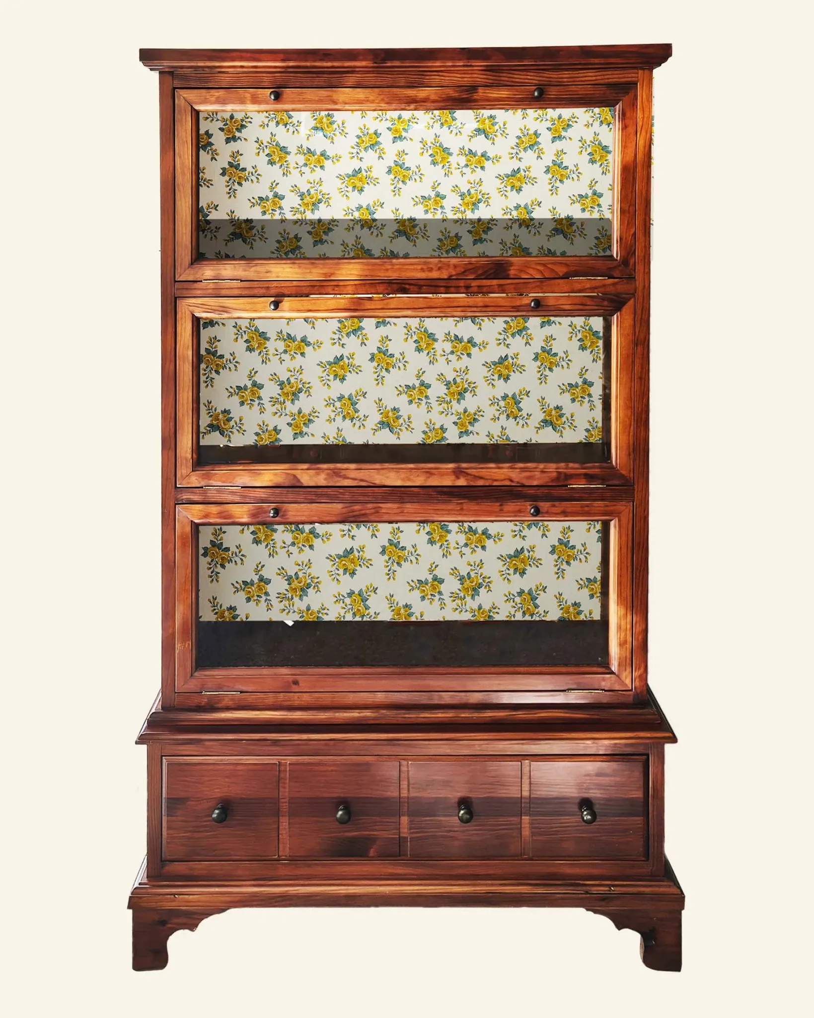 Globe-Wernicke display cabinet in walnut, 3 modules and drawer.