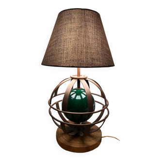 Cylindrical lamp in wrought iron, ceramic, wooden base