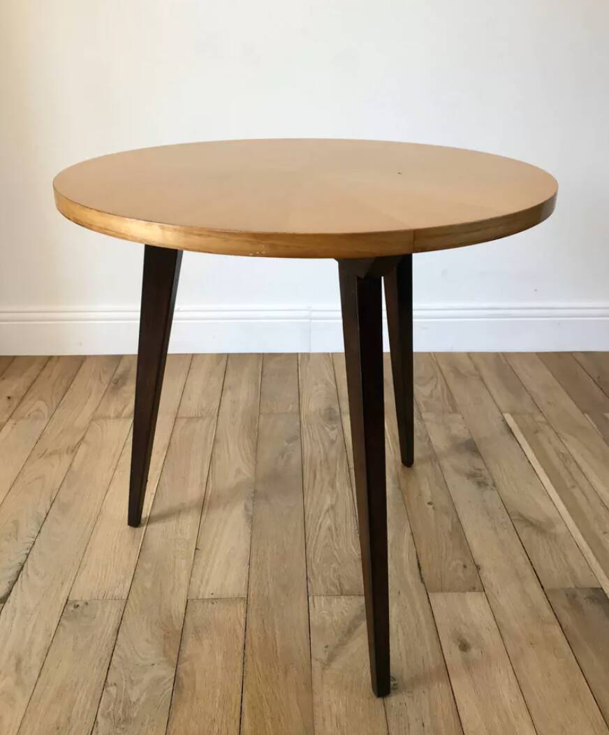 Tripod coffee table in wood and two-tone marquetry Scandinavian design 50s-60s