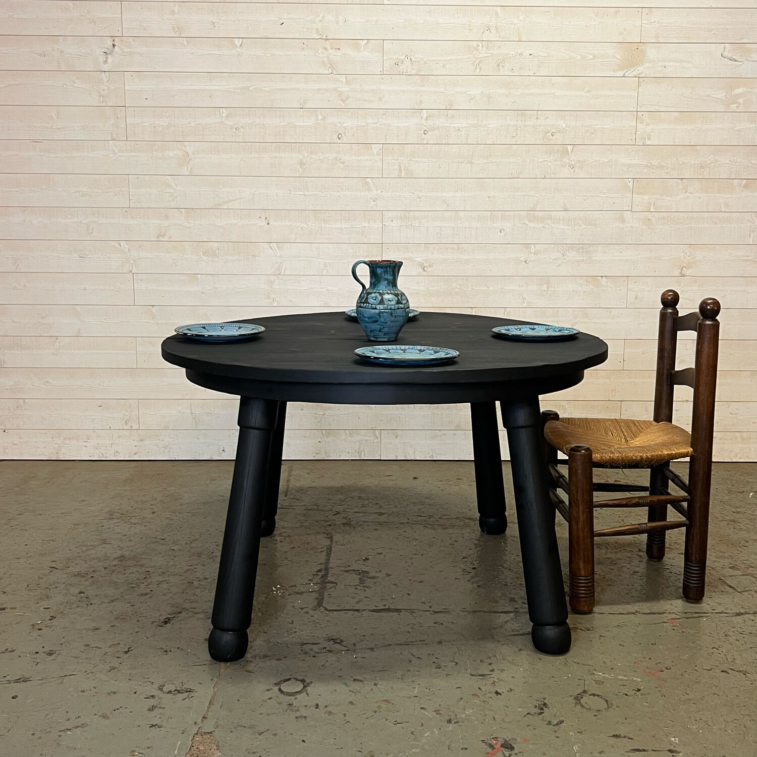 Brutalist round table in burnt wood yakisugi