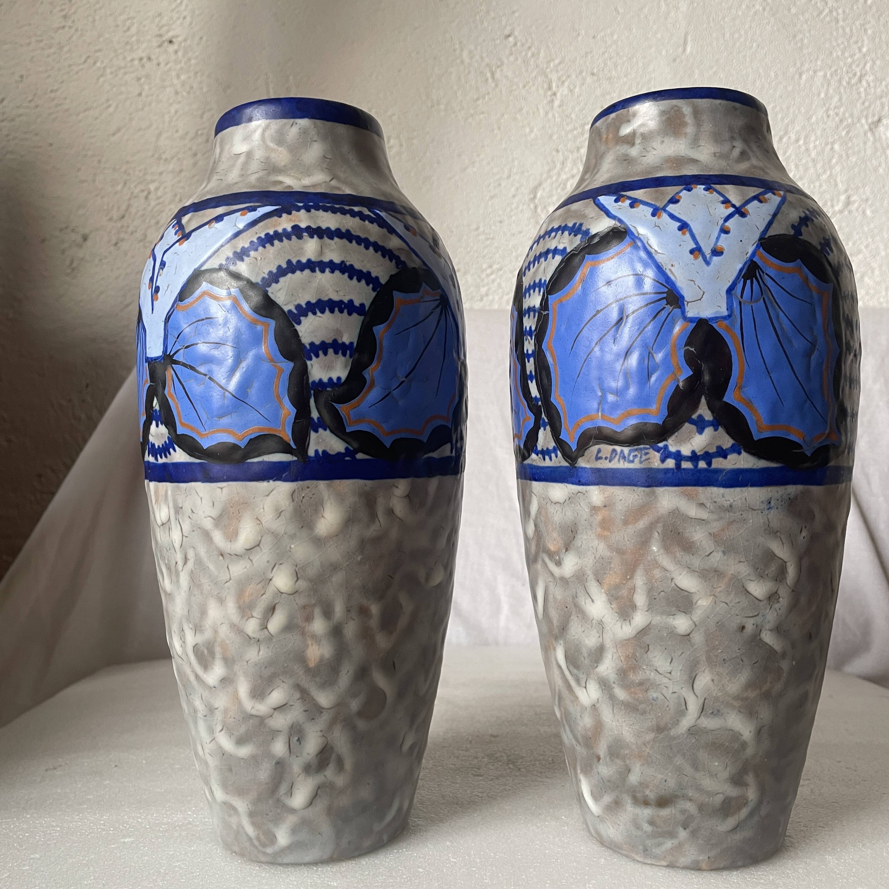 Pair of Papillon vases by Louis Dage art deco