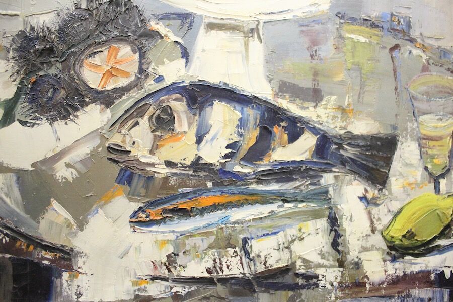 Oil on canvas ernest audibert, still life with fish