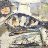 Oil on canvas ernest audibert, still life with fish